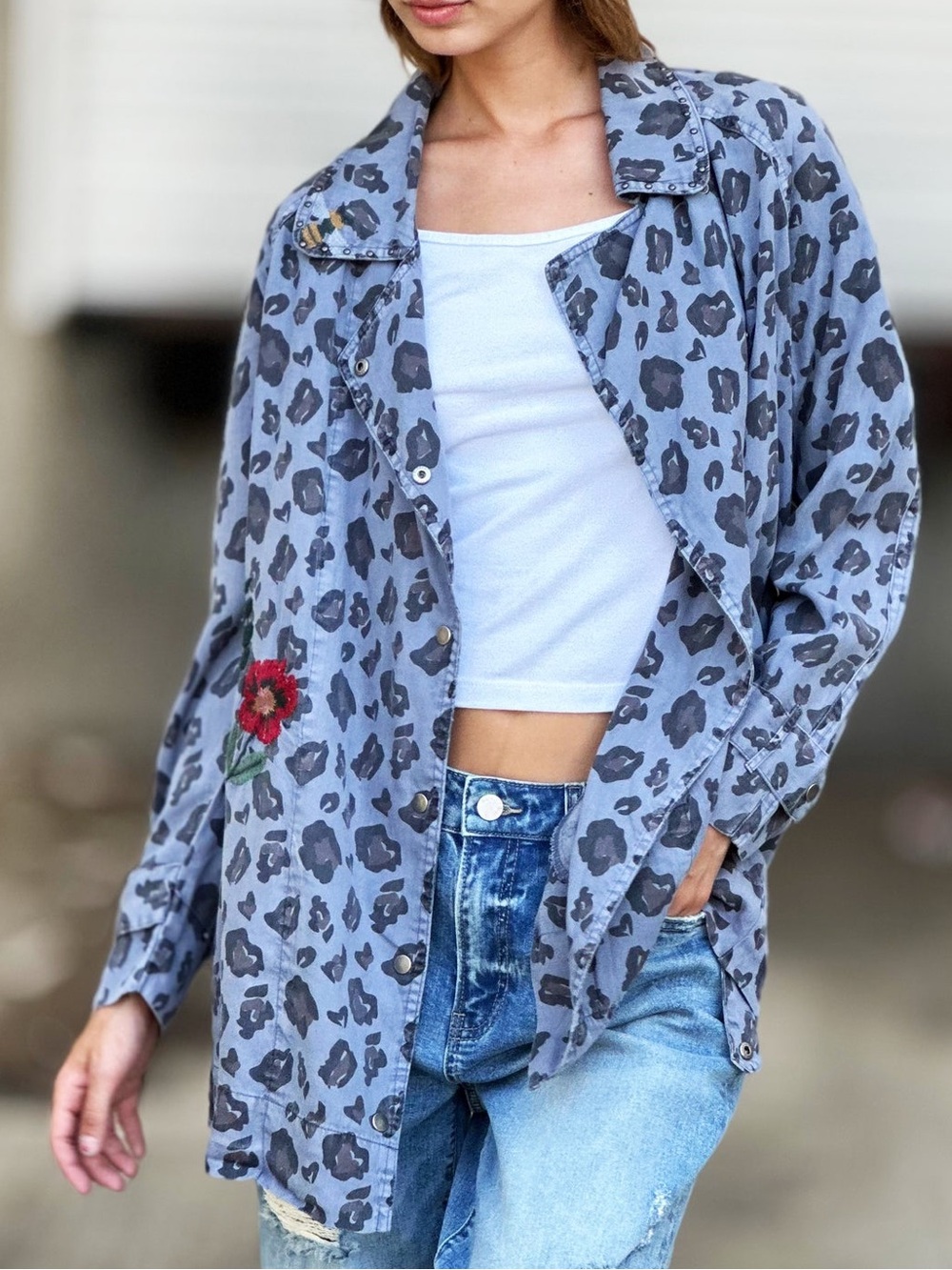 BILLY T Animal print Floral Jungle Embroidered Lyocell Moto Jacket size Small
